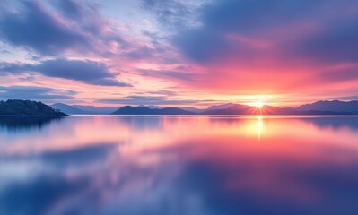 Fototapeta premium Serene Sunset Reflection Over Tranquil Lake Surrounded by Mountains and Soft Cloudy Sky in Vibrant Hues of Pink, Purple, and Orange at Dusk