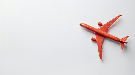 Obraz premium Red toy airplane angled on white background, minimal travel concept, isolated aircraft model, copy space for text, modern aviation decor, kids imagination, simple design