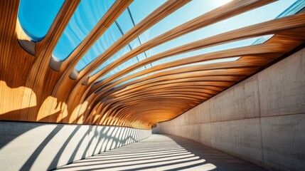 Naklejka premium Modern wooden pedestrian bridge with curved design, sunlight streaming through glass panels, casting shadows on concrete walls and pathway.