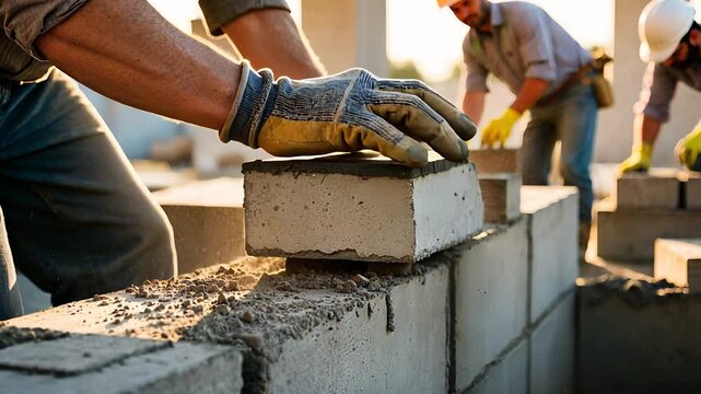 Construction Workers Building a Concrete Wall with Cement Blocks on a Construction Site

