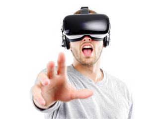 Young White Man Wearing VR Headset PNG Transparent Image - Virtual Reality Enthusiast, Futuristic Technology Concept, Immersive VR Experience, High-Quality Stock Photo, Metaverse and AR Demonstration