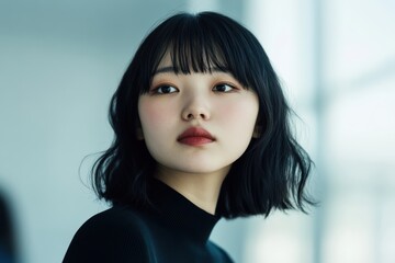 Fototapeta premium 美しい髪の女性が窓のそばで振り返る瞬間を捉えた