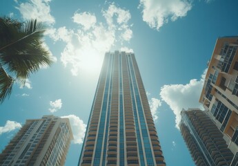 Obraz premium Skyscraper against a bright blue sky with fluffy clouds, captured from a low angle, showcasing modern architecture and urban living in a dynamic cityscape.