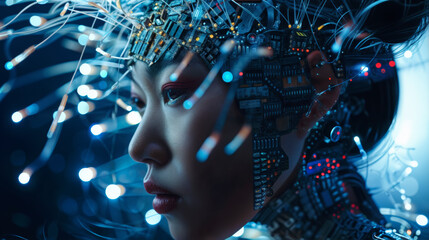 Captivating close-up of a futuristic outfit worn by an asian model, featuring electronic circuitry and fiber optic lights, demonstrating the fusion of fashion and technology