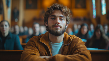 Obraz premium Engaged Audience in Church Conference: Young Man Listening Intently Amidst Crowd