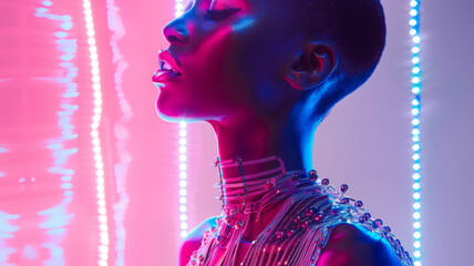 Studio shot of a fashion model wearing a futuristic, circuitry-inspired outfit, posing under vibrant neon lights