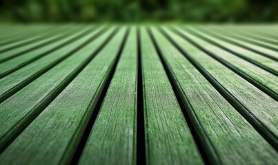 緑色の木材の表面が美しく、自然に囲まれた場所での静かなひとときが感じられる