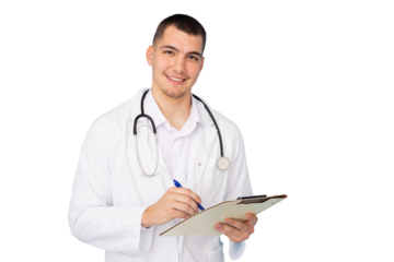 Male doctor standing confidently in medical coat
