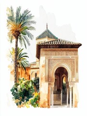 Ornate archway, palm tree,  Mediterranean architecture, lush garden.