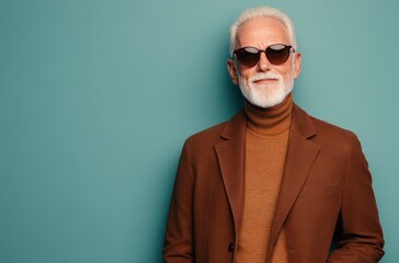 Obraz premium An elderly man exudes confidence and style, dressed in a brown blazer and a turtleneck sweater
