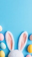 Easter Bunny Surprise: Pastel Easter eggs and fluffy bunny ears peek from the bottom on a bright blue background, creating a cheerful and playful Easter scene.  