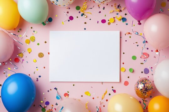 Colorful celebration setup with balloons and confetti on a pink background for party invitations