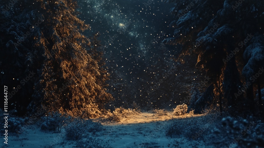 Aufkleber in twilight, a fairy forest unfolds with illuminated trees and sparkling snowflakes dancing through 