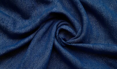 Close-up of textured blue fabric swirled in a spiral.