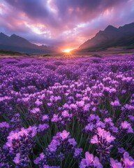 Fototapeta premium Stunning Sunset Over Lavender Field with Majestic Mountains in the Background, Capturing the Beauty of Nature and the Serenity of a Colorful Sky