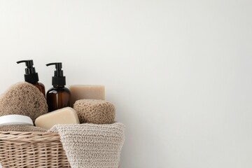 Natural spa products arranged in a wicker basket for a relaxing self care experience