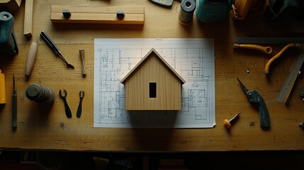 Wooden house model on blueprint surrounded by carpentry tools on a workbench.