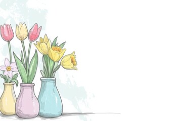 Brightly colored vases showcase spring flowers including tulips and daffodils, providing a cheerful aesthetic perfect for design work. Generative AI
