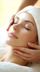 Fototapeta premium Relaxation and Rejuvenation: A woman receives a luxurious facial massage, her eyes closed in pure bliss, the gentle touch of the therapist's hands promoting serenity and well-being. 