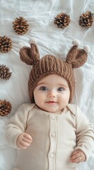 Fototapeta premium Baby wearing cute knitted reindeer hat among pine cones and soft bedding in cozy setting