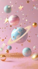 Colorful celestial bodies float in a dreamy space filled with sparkles and stars