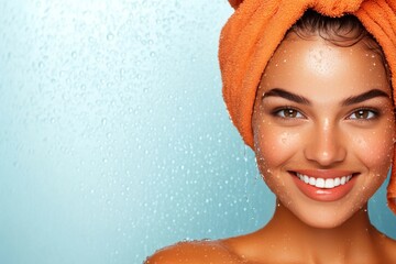 Smiling woman with a towel on her head enjoying a refreshing moment near water