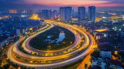 Night cityscape with illuminated highway curving through urban area.