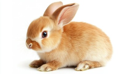 Obraz premium Adorable eight-week-old brown European rabbit sits on a white background, its gaze averted.