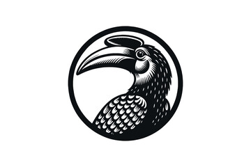 Vintage black-and-white hornbill bird engraving in bold line art style emblem. vector print, isolated, cut out © Victoria
