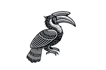 Vintage black-and-white hornbill bird engraving in bold line art style emblem. vector print, isolated, cut out