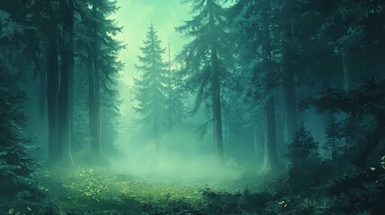 Fototapeta premium Ethereal foggy pine forest scene