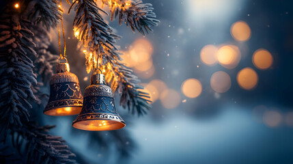 A close-up of Christmas bells hanging from a tree