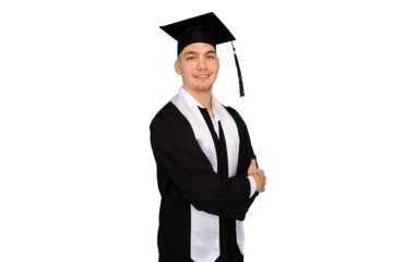 Young male student in graduation gown smiling