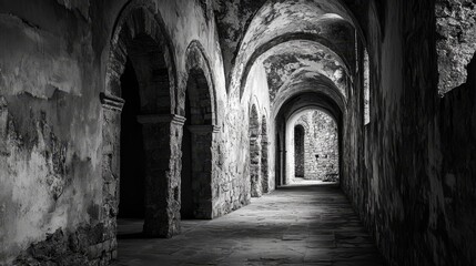 Obraz premium An ancient fortress stands tall, its weathered walls shrouded in mystery. Shadows dance within its hollow halls, echoing with the whispers of forgotten times.