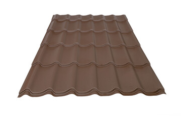 Brown Metal tile roof sheet isolated on white background. Material for roof.