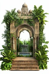 Naklejka premium Ornate archway, lush foliage, cascading water feature, steps.