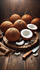 Fresh Coconuts on a Wooden Cutting Board