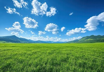 Fototapeta premium Vast Green Open Field Under a Bright Blue Sky with Fluffy White Clouds and Distant Mountains Creating a Serene and Picturesque Landscape in Nature