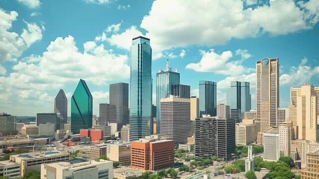 Dallas skyline rising above cityscape under sunny blue sky