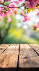 Wooden Tabletop with Spring Blossoms: Capture the essence of springtime with this rustic wooden table, set against a backdrop of blooming cherry blossoms. Ideal for product displays.