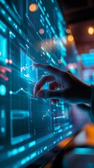 Data Driven Decisions:  A close-up shot of a hand interacting with a futuristic data interface, showcasing the power of technology and data analysis in modern decision making.  