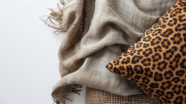 Textured natural fabrics and a leopard print pillow, soft earthy textiles, minimal white background, ample copy space, cozy interior styling

