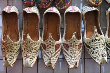 Close up of traditional arabic shoes in baazar in Deira, Dubai, UEA