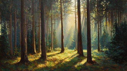 Obraz premium Golden sunlight through pine trees in forest