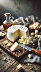 Fototapeta premium Fresh Feta Cheese on a Wooden Cutting Board