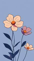 Pastel Bloom: Three delicate flowers in soft peach and mauve hues grace a serene blue backdrop, creating an image of gentle beauty and tranquility. 