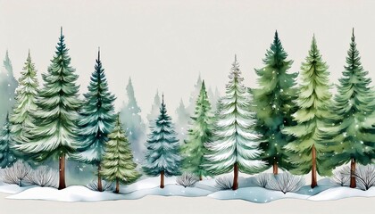 Obraz premium watercolor snow covered pine trees in various shades of green softly outlined against a pale grey background