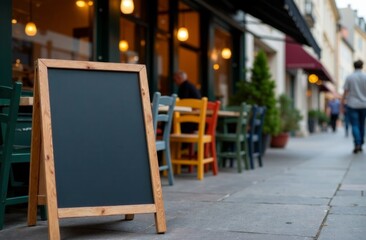 Cozy outdoor café scene with rustic chalkboard for menu display
