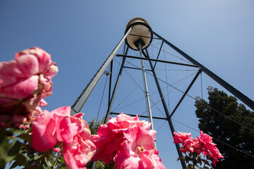 Campbell, California, USA - August 29, 2024: Afternoon sun shines on historic 1928 steel water...