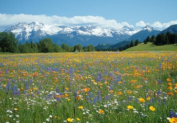 Obraz premium Vibrant Wildflower Field Against Majestic Mountains Under Bright Blue Sky with Snow-Capped Peaks, Showcasing Nature's Beauty in Springtime Splendor